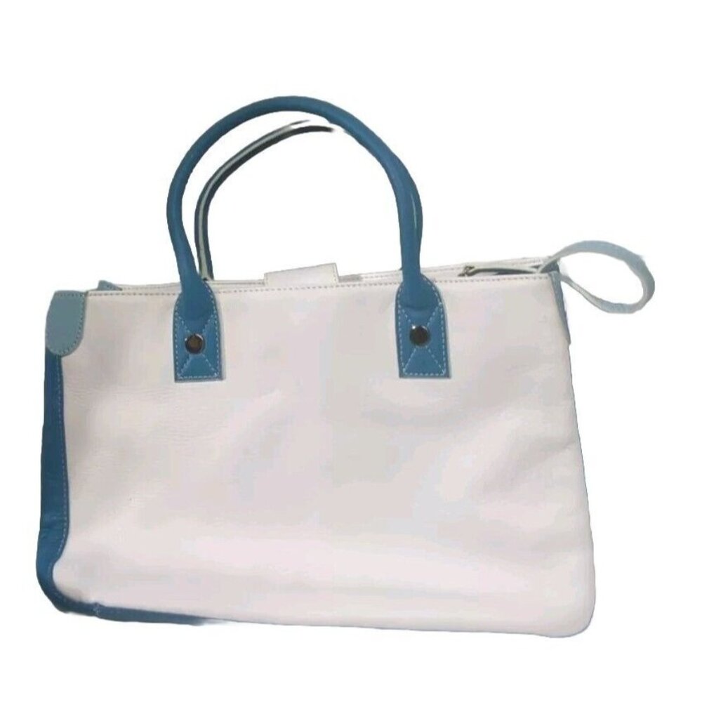 Valerie Stephen's White Leather Blue Trim Bucket Handbag